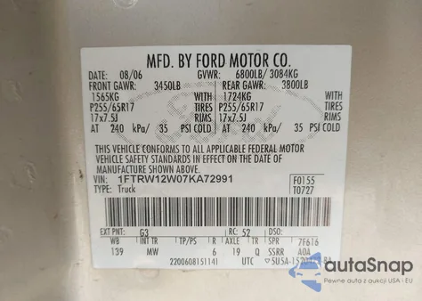 2007 Ford F-150 Xlt from USA, damaged, VIN 1FTRW12W07KA72991